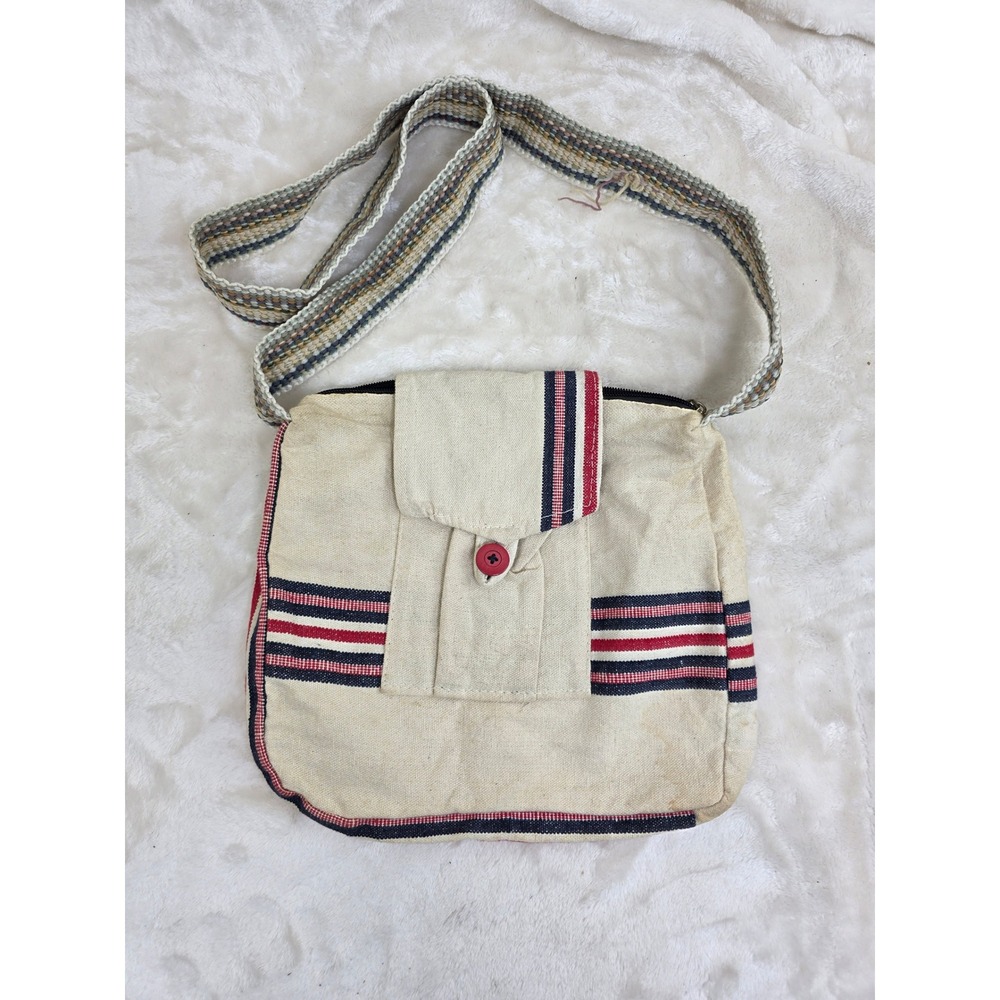 Homemade Woven Cotton Striped Crossbody Bag Cream Red Navy Boho Artisan Bag